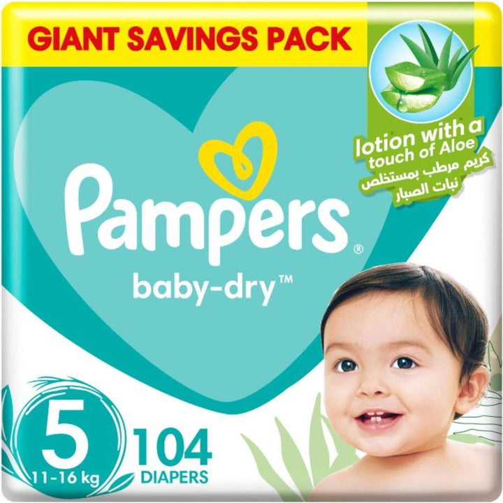 Pampers Baby Dry Diapers with Aloe Vera Lotion and Leak Protection - Size 5 - 104 Diapers - Zrafh.com - Your Destination for Baby & Mother Needs in Saudi Arabia