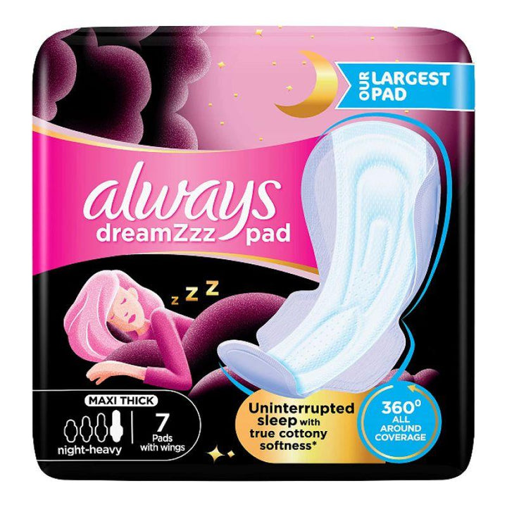 Always Dreamzz pad Cotton Soft Maxi Thick Night Long Sanitary Pads with Wings - 7 Pieces - Zrafh.com - Your Destination for Baby & Mother Needs in Saudi Arabia