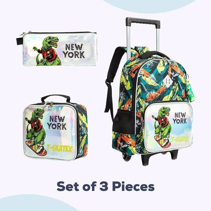 Eazy Kids - 16" Set Of 3 Trolley School Bag Lunch Bag And Pencil Case New York Dinosaur - Green - Zrafh.com - Your Destination for Baby & Mother Needs in Saudi Arabia