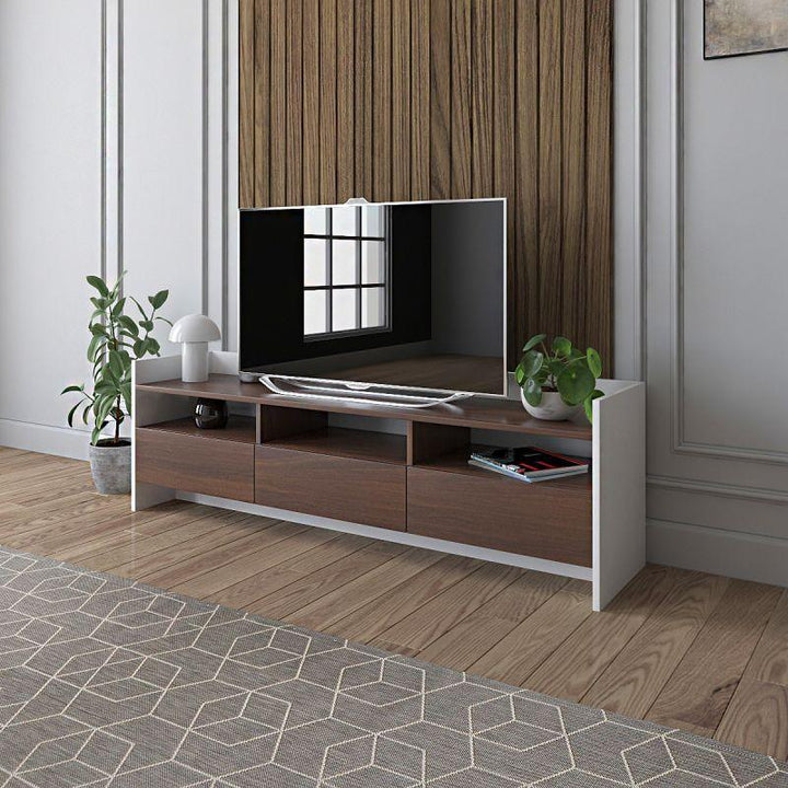 White TV Table with Brown Drawers By Alhome - Zrafh.com - Your Destination for Baby & Mother Needs in Saudi Arabia