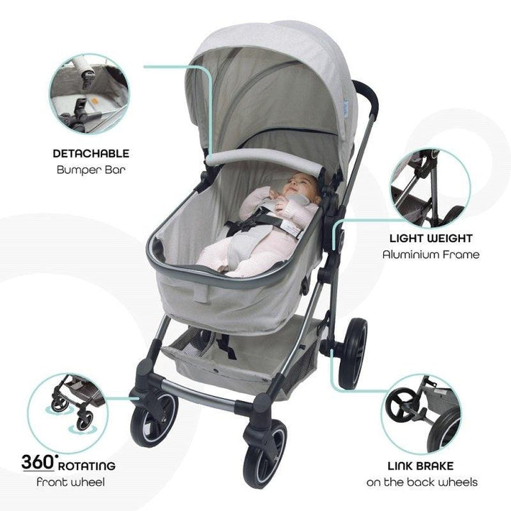 Moon - Pro 2 In 1 Convertible To Carrycot, Reversable Stroller - Grey + Moon - Kary Me Diaper Bag Backpack - Light Gray - Zrafh.com - Your Destination for Baby & Mother Needs in Saudi Arabia