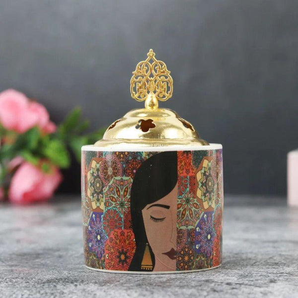 Decorative Circular Ceramic Incense Burner With Gold Lid - 8x8x13 cm - Multi Color By Family Ship - Zrafh.com - Your Destination for Baby & Mother Needs in Saudi Arabia
