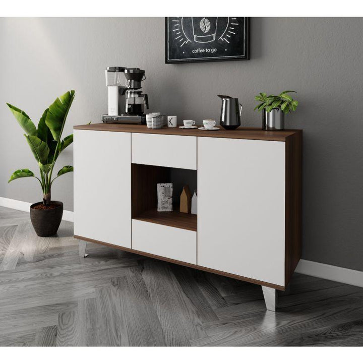 White and Brown Coffee Corner with Two Doors and Two Sliding Drawers By Alhome - Zrafh.com - Your Destination for Baby & Mother Needs in Saudi Arabia