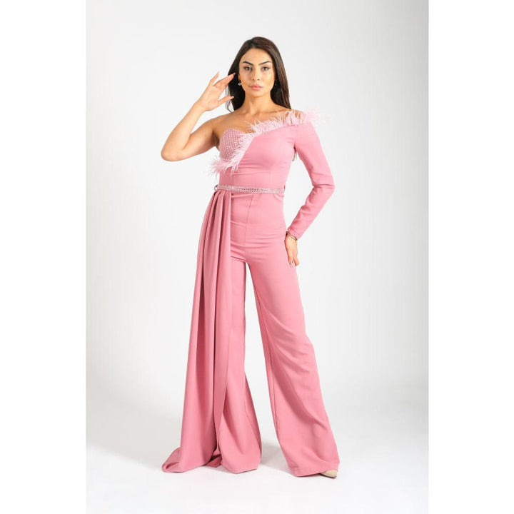 Londonella Women's Off Shoulder Wide Leg Jumpsuit with High Waisted Belt - Pink - 100260 - Zrafh.com - Your Destination for Baby & Mother Needs in Saudi Arabia