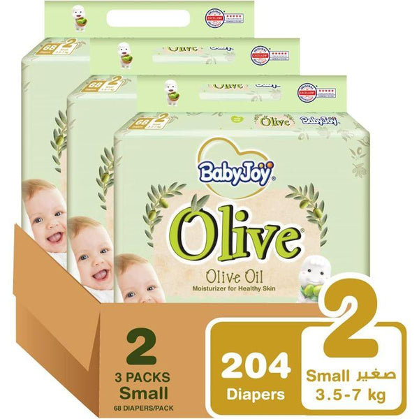 BabyJoy Olive Diapers Mega Box - Size 2 - Small - 3.5-7 kg - 204 Diapers - Zrafh.com - Your Destination for Baby & Mother Needs in Saudi Arabia