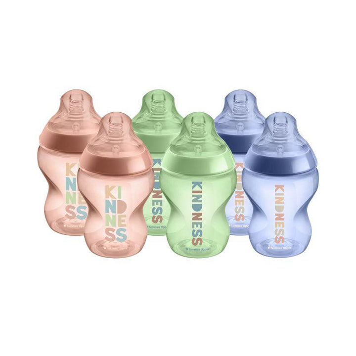 Tommee Tippee Closer to Nature Slow-Flow Baby Bottles with Anti-Colic Valve - Be Kind Multicolor - 6 Pieces - 260 ml - Zrafh.com - Your Destination for Baby & Mother Needs in Saudi Arabia