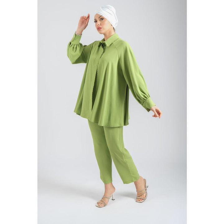 Londonella Women's Wide Long Sleeves Blouse With Pants Set - Green - 100265 - Zrafh.com - Your Destination for Baby & Mother Needs in Saudi Arabia