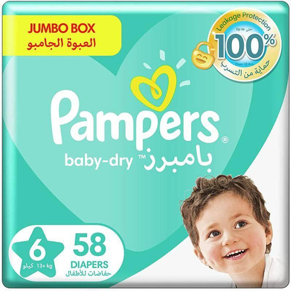 Pampers Baby Diapers Jumbo Box Size 6 Junior XX-Large, 13+ KG, 58 Diapers - ZRAFH