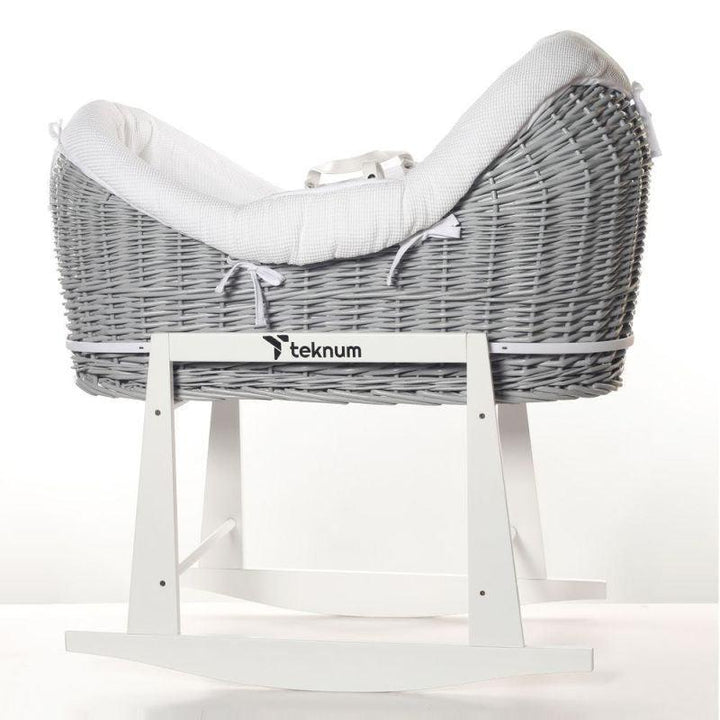 Teknum Infant Wicker Pod Moses Basket With White Waffle Beddings & White Rocker Stand - Wooden Grey - Zrafh.com - Your Destination for Baby & Mother Needs in Saudi Arabia