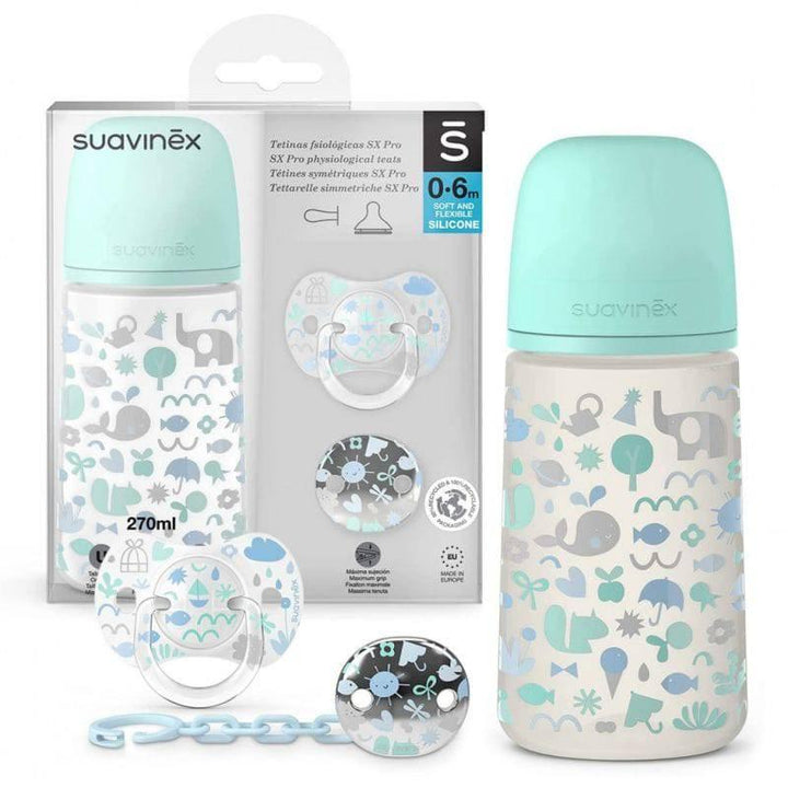 Suavinex Baby Bottle + Soother + Clip Set - 270 ml - 3 Pieces - Green - ZRAFH