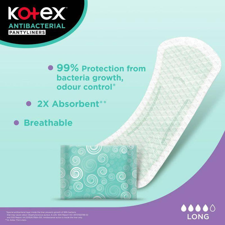 kotex Antibacterial Cotton Long Panty Liners - 20 Pads - ZRAFH