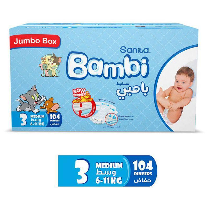 Sanita Bambi Baby Diaper Jumbo Pack #3 Size Medium, 6-11 KG - 104 Diapers - ZRAFH
