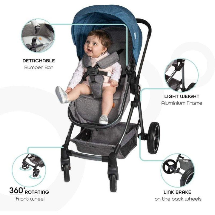 Moon - Pro 2 In 1 Convertible To Carrycot, Reversable Stroller - Gray + Moon - 100% Cotton Knitted & Fur Baby Blanket 70x102Cm Blue - Zrafh.com - Your Destination for Baby & Mother Needs in Saudi Arabia