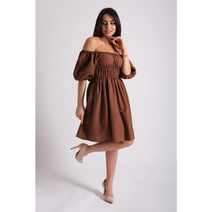 Londonella Women's half Lantern Sleeves Off-shoulder style Dress - Brown - 100202 - Zrafh.com - Your Destination for Baby & Mother Needs in Saudi Arabia