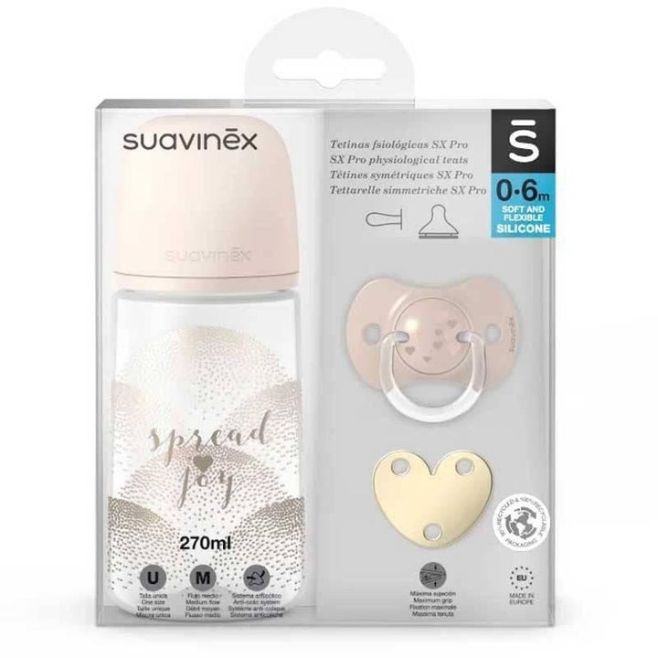 Suavinex Baby Bottle + Soother + Heart Clip Set - 270 ml - 3 Pieces - Pink - ZRAFH